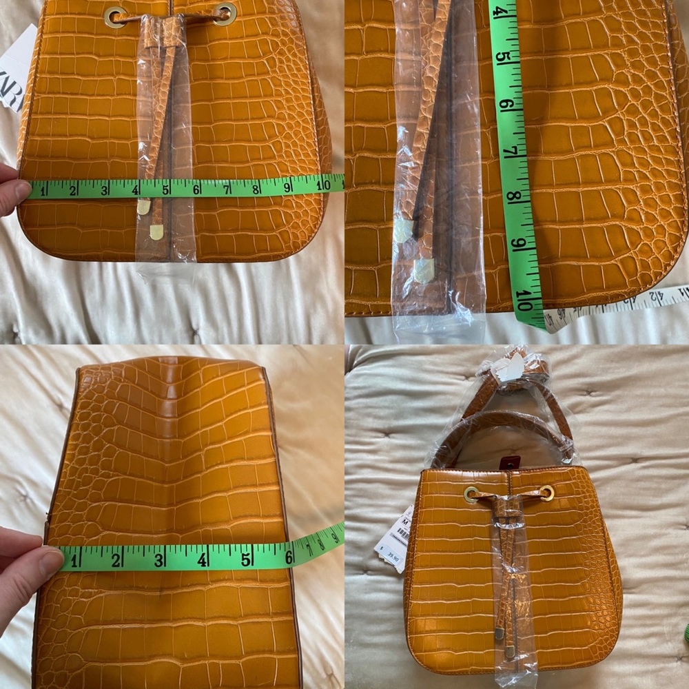NWT Zara croc embossed faux leather top handle long strap bucket bag mustard - Picture 9 of 12